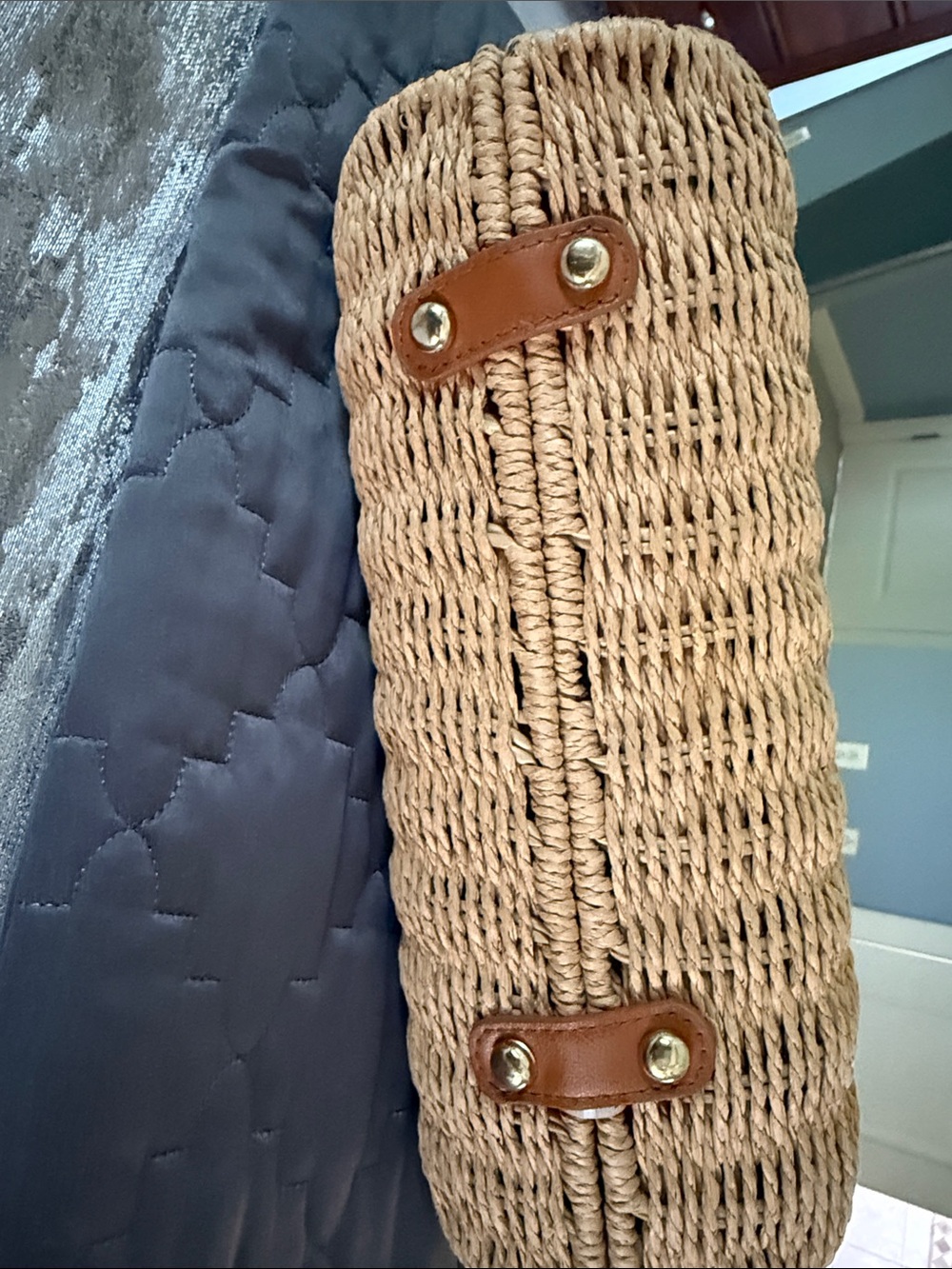 Woven Mini Straw Handbag with Tan Leather Flap - Picture 5 of 5